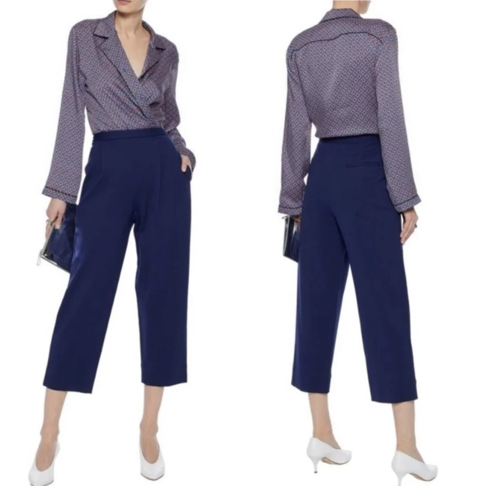 DIANE VON FURSTENBERG sz. 10 Blue Pull On Elastic Waist Cropped Pants Wide Leg